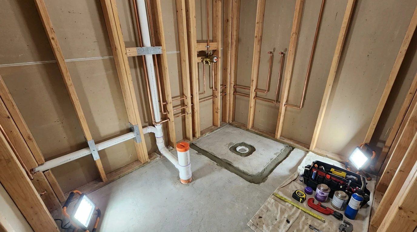 Bathroom rough-in plumbing during remodel by Johns Plumbing LLC in Arthur