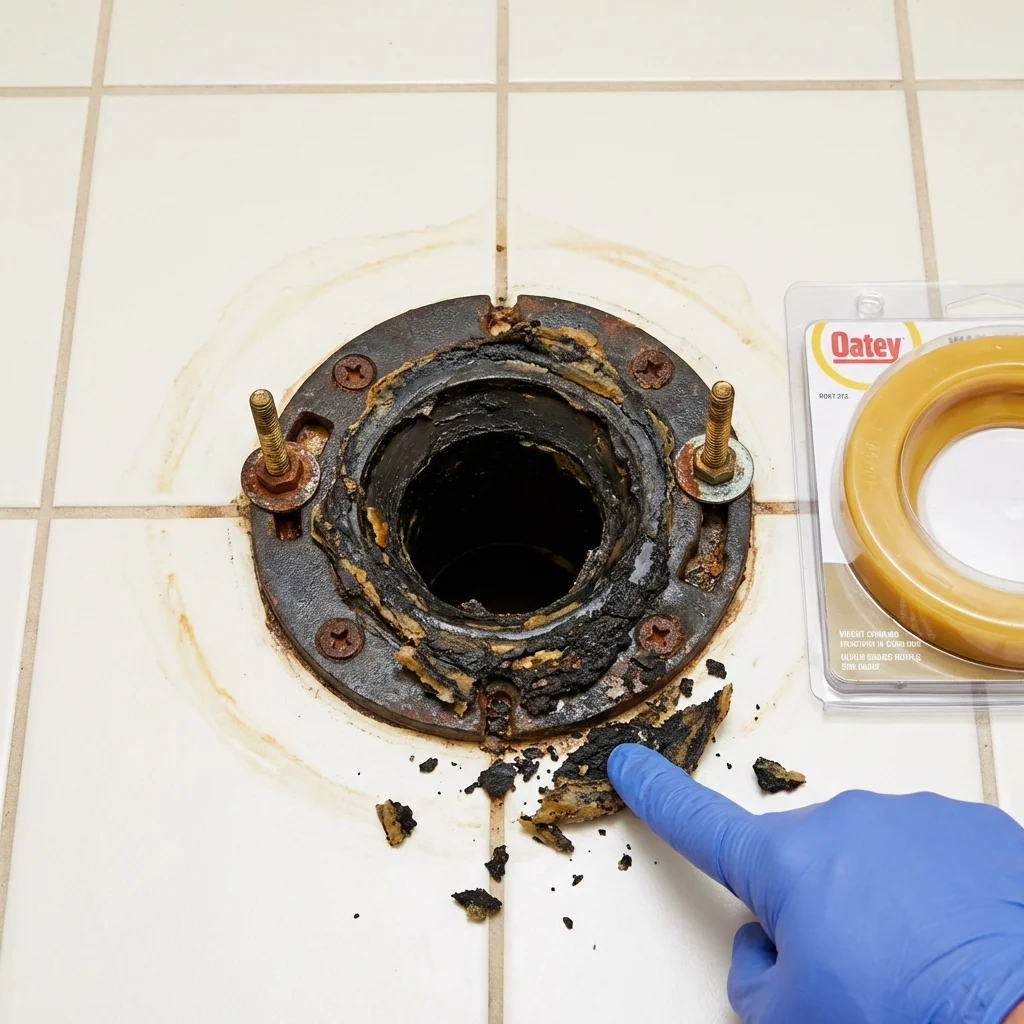 Failed wax ring showing water seepage at the base of a toilet in a Arthur, IL home