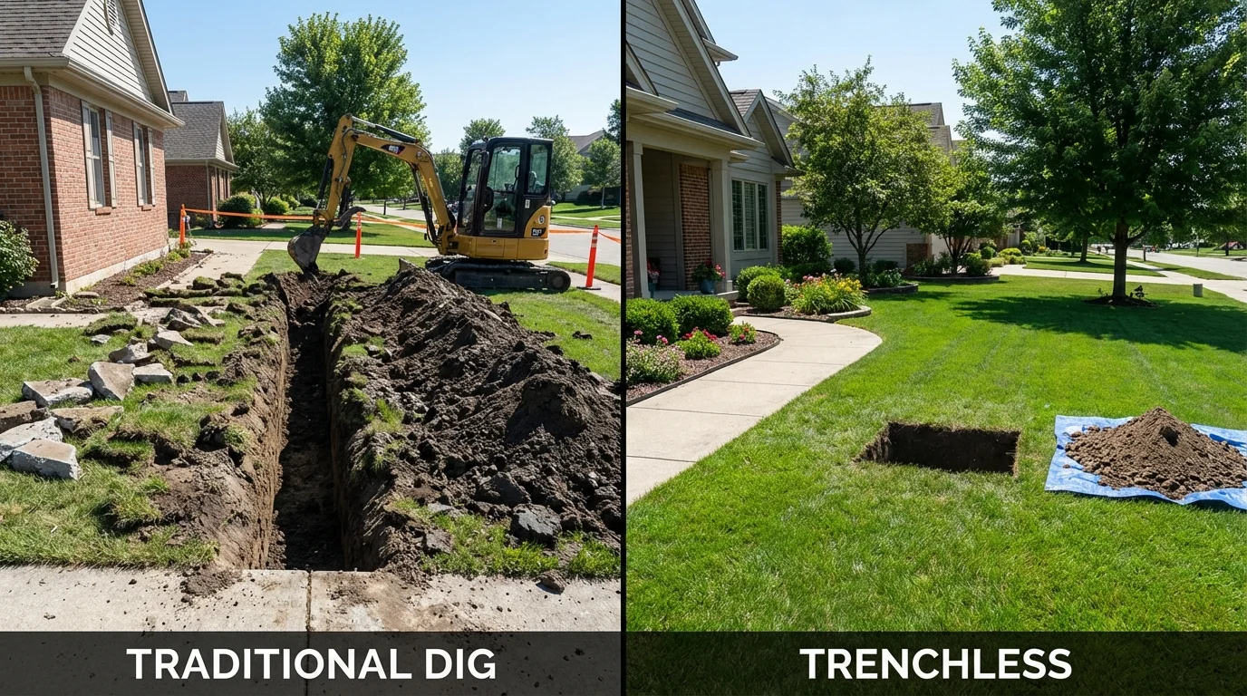 Trenchless sewer repair with minimal yard damage versus traditional excavation in Arthur, IL