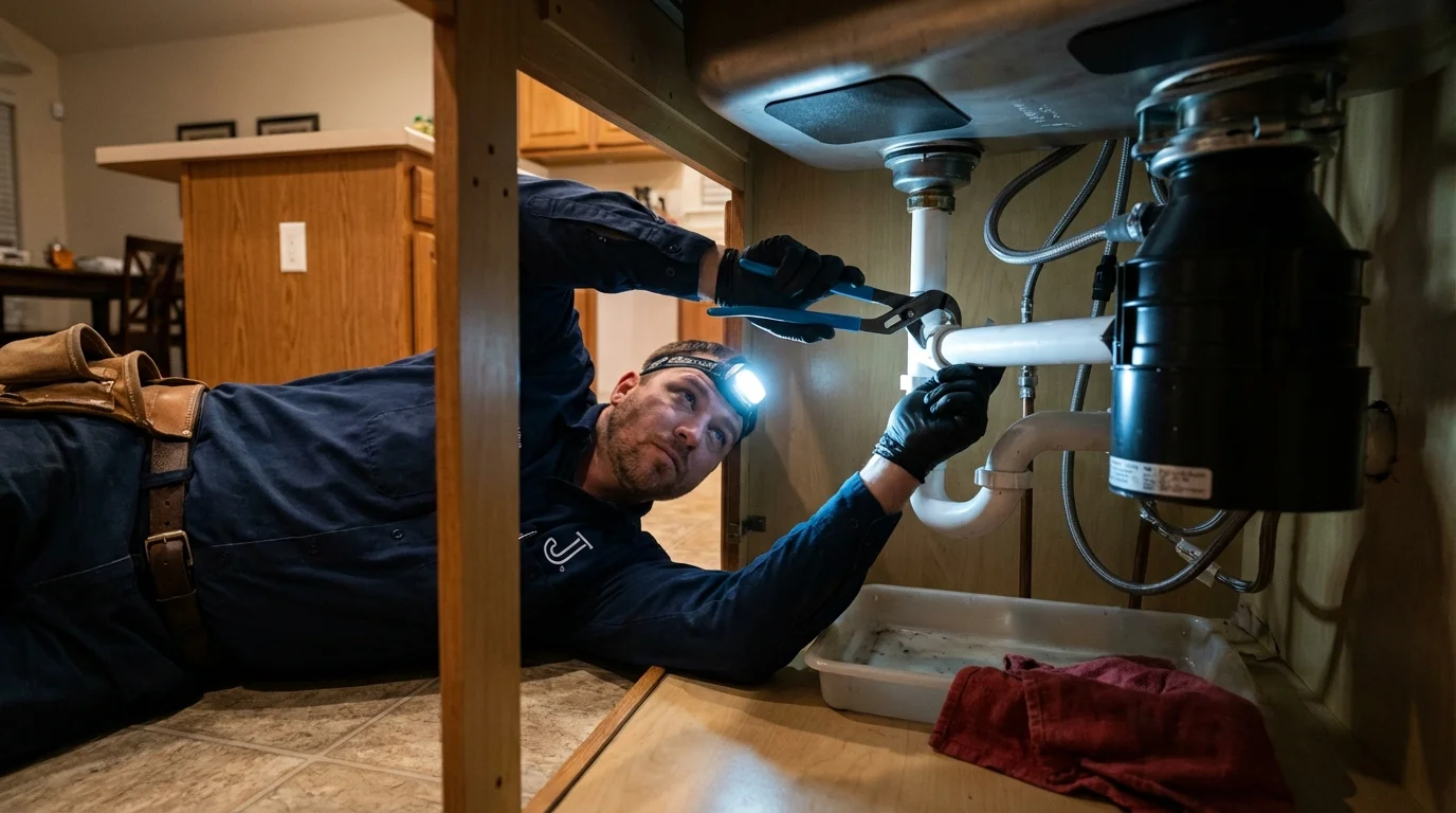 P-trap and supply line connections under a kitchen sink showing a common leak point in Arthur, IL